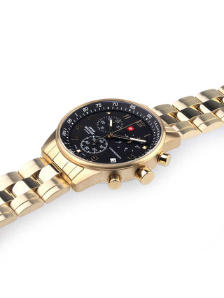 Angle shot of Swiss Military By Chrono Chronograph SM34012.12 Black Dial Gold Stainless Steel Unisex Watch on white background