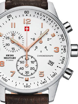 Front view of Swiss Military By Chrono Chronograph SM34012.11 White Dial Brown Leather Unisex Watch on white background