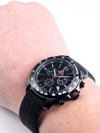 Angle shot of Swiss Military By Chrono Chronograph SM34033.06 Black Nylon Unisex Watch on white background