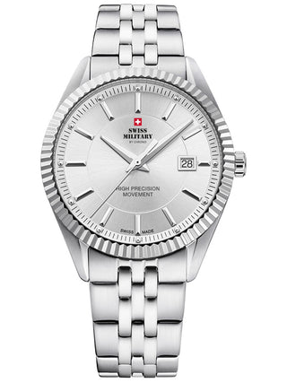 Angle shot of Swiss Military By Chrono SM34065.02 Silver Stainless Steel Unisex Watch on white background