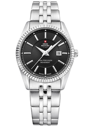Angle shot of Swiss Military By Chrono SM34066.01 Black Dial Silver Stainless Steel Womens Watch on white background