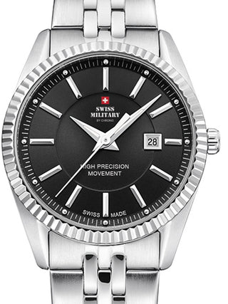 Front view of Swiss Military By Chrono SM34066.01 Black Dial Silver Stainless Steel Womens Watch on white background