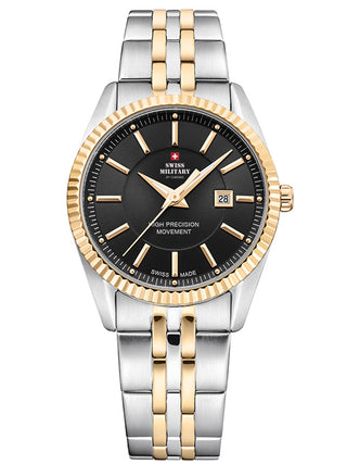 Angle shot of Swiss Military By Chrono SM34066.04 Black Dial Gold Stainless Steel Womens Watch on white background