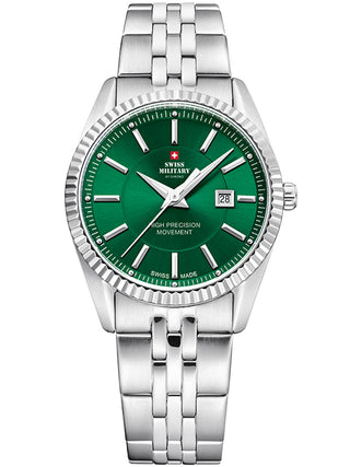 Angle shot of Swiss Military By Chrono SM34066.08 Green Dial Silver Stainless Steel Womens Watch on white background