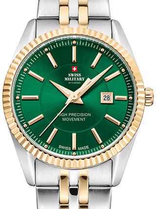 Front view of Swiss Military By Chrono SM34066.10 Green Dial Gold Stainless Steel Womens Watch on white background