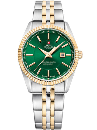 Angle shot of Swiss Military By Chrono SM34066.10 Green Dial Gold Stainless Steel Womens Watch on white background