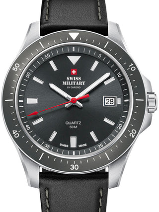 Front view of Swiss Military By Chrono SM34082.06 Grey Dial Black Leather Unisex Watch on white background