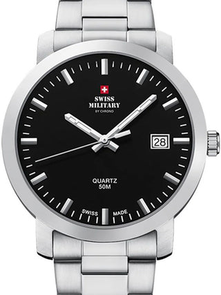 Front view of Swiss Military By Chrono SM34083.01 Blue Dial Silver Stainless Steel Unisex Watch on white background