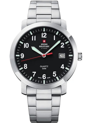 Angle shot of Swiss Military By Chrono SM34083.07 Black Dial Silver Stainless Steel Unisex Watch on white background