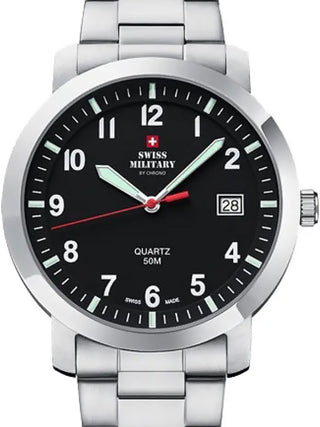 Front view of Swiss Military By Chrono SM34083.07 Black Dial Silver Stainless Steel Unisex Watch on white background