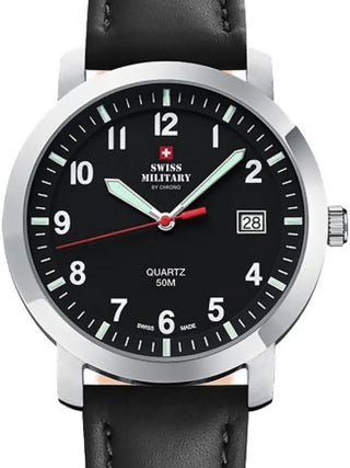 Front view of Swiss Military By Chrono SM34083.10 Black Leather Unisex Watch on white background