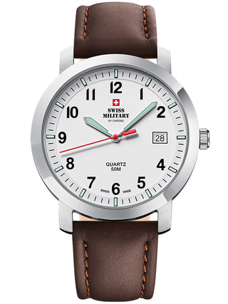 Angle shot of Swiss Military By Chrono SM34083.11 White Dial Brown Leather Unisex Watch on white background