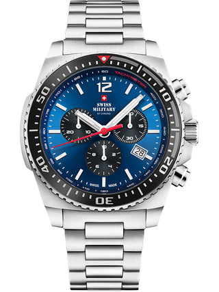 Angle shot of Swiss Military By Chrono Chronograph SM34093.02 Blue Dial Silver Stainless Steel Unisex Watch on white background