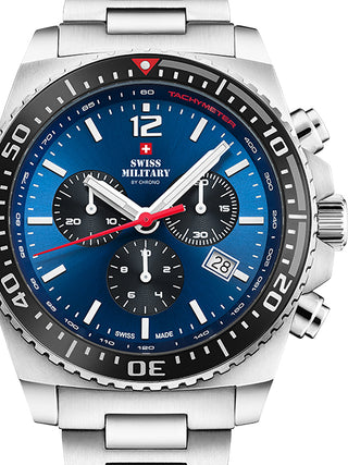 Front view of Swiss Military By Chrono Chronograph SM34093.02 Blue Dial Silver Stainless Steel Unisex Watch on white background
