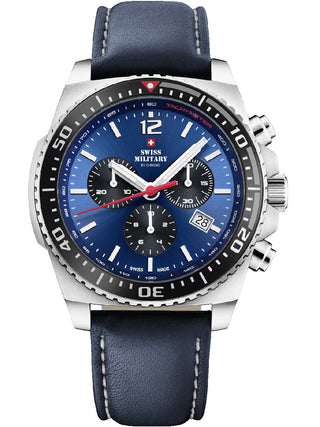 Angle shot of Swiss Military By Chrono Chronograph SM34093.04 Blue Leather Unisex Watch on white background