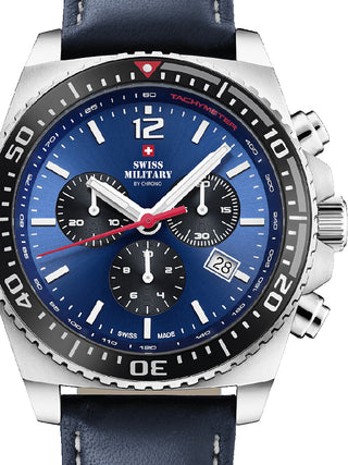 Front view of Swiss Military By Chrono Chronograph SM34093.04 Blue Leather Unisex Watch on white background