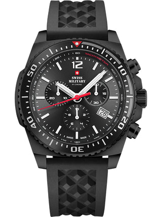Angle shot of Swiss Military By Chrono Chronograph SM34093.05 Black Silicone Unisex Watch on white background