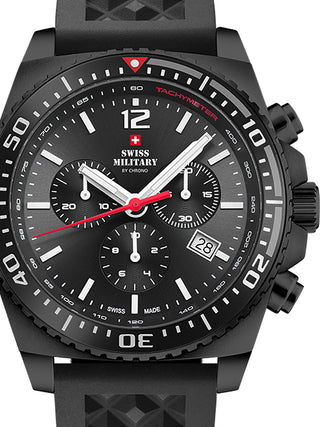Front view of Swiss Military By Chrono Chronograph SM34093.05 Black Silicone Unisex Watch on white background