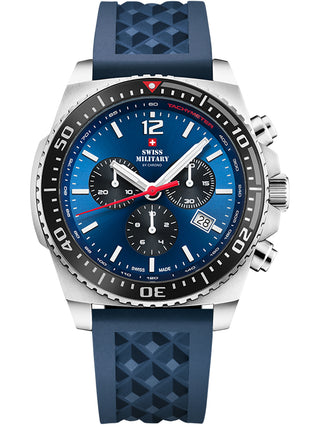 Angle shot of Swiss Military By Chrono Chronograph SM34093.06 Blue Silicone Unisex Watch on white background