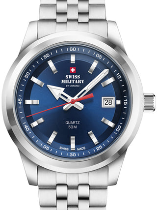 Front view of Swiss Military By Chrono SM34094.03 Blue Dial Silver Stainless Steel Unisex Watch on white background