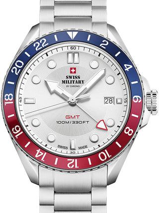 Front view of Swiss Military By Chrono SM34095.02 White Dial Silver Stainless Steel Unisex Watch on white background