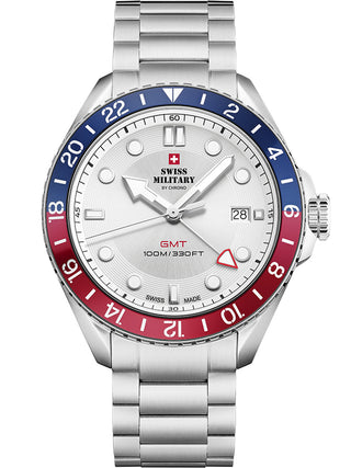 Angle shot of Swiss Military By Chrono SM34095.02 White Dial Silver Stainless Steel Unisex Watch on white background