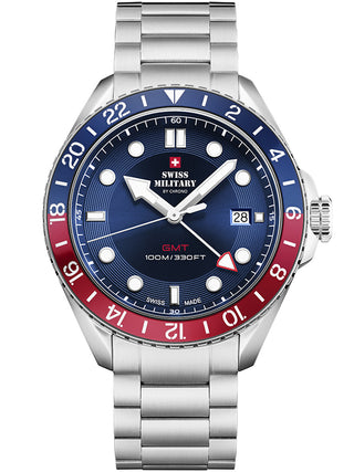 Angle shot of Swiss Military By Chrono SM34095.03 Blue Dial Silver Stainless Steel Unisex Watch on white background