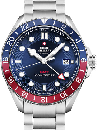 Front view of Swiss Military By Chrono SM34095.03 Blue Dial Silver Stainless Steel Unisex Watch on white background