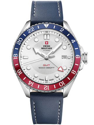 Angle shot of Swiss Military By Chrono SM34095.05 White Dial Blue Leather Unisex Watch on white background