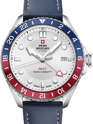 Front view of Swiss Military By Chrono SM34095.05 White Dial Blue Leather Unisex Watch on white background