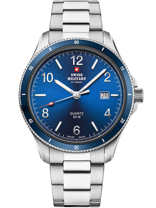 Angle shot of Swiss Military By Chrono SM34096.03 Blue Dial Silver Stainless Steel Unisex Watch on white background