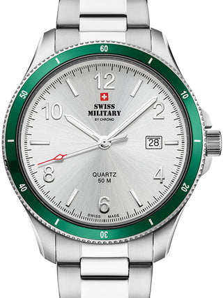 Front view of Swiss Military By Chrono SM34096.04 White Dial Silver Stainless Steel Unisex Watch on white background