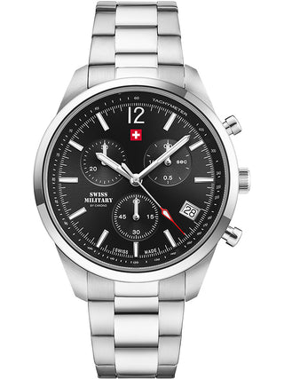 Angle shot of Swiss Military By Chrono Chronograph SM34097.01 Black Dial Silver Stainless Steel Unisex Watch on white background