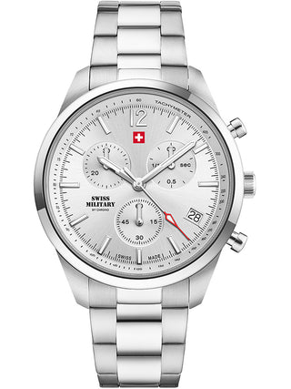 Angle shot of Swiss Military By Chrono Chronograph SM34097.02 Silver Stainless Steel Unisex Watch on white background