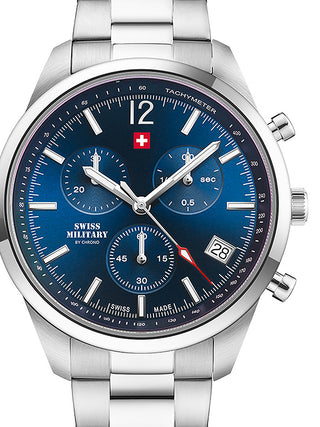 Front view of Swiss Military By Chrono Chronograph SM34097.03 Blue Dial Silver Stainless Steel Unisex Watch on white background