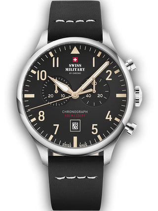 Angle shot of Swiss Military By Chrono Chronograph SM34098.08 Black Leather Unisex Watch on white background