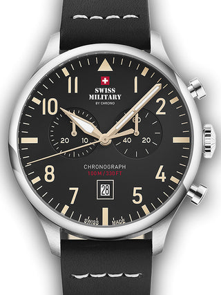 Front view of Swiss Military By Chrono Chronograph SM34098.08 Black Leather Unisex Watch on white background