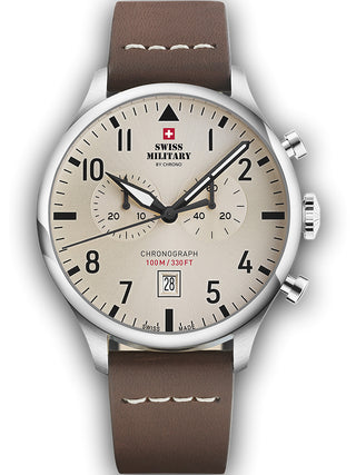 Angle shot of Swiss Military By Chrono Chronograph SM34098.09 Brown Leather Unisex Watch on white background
