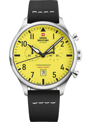 Angle shot of Swiss Military By Chrono Chronograph SM34098.10 Yellow Dial Black Leather Unisex Watch on white background