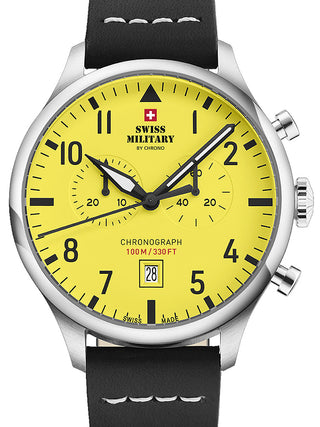 Front view of Swiss Military By Chrono Chronograph SM34098.10 Yellow Dial Black Leather Unisex Watch on white background