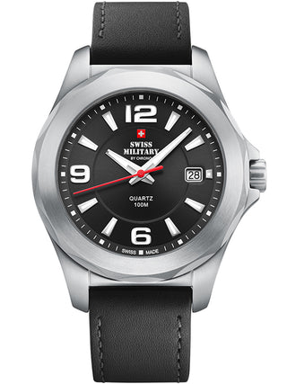 Angle shot of Swiss Military By Chrono SM34099.01 Black Leather Unisex Watch on white background