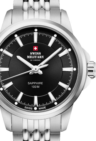 Front view of Swiss Military By Chrono SM34105.01 Black Dial Silver Stainless Steel Womens Watch on white background