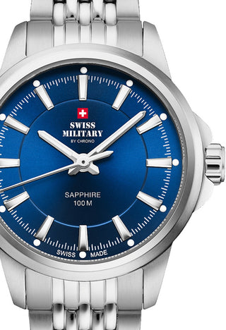 Front view of Swiss Military By Chrono SM34105.03 Blue Dial Silver Stainless Steel Womens Watch on white background