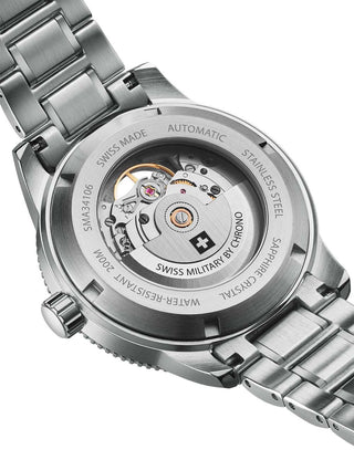 Angle shot of Swiss Military By Chrono SMA34106.02 Blue Dial Silver Stainless Steel Unisex Watch on white background