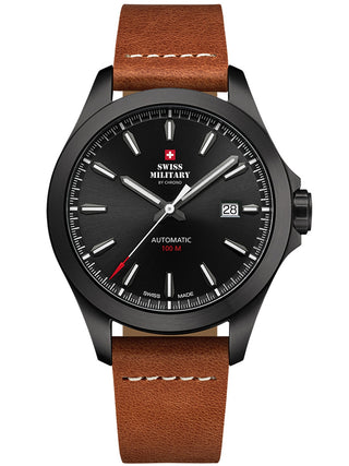 Angle shot of Swiss Military By Chrono SMA34077.11 Black Dial Brown Leather Unisex Watch on white background