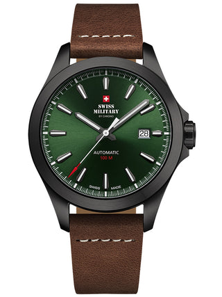 Angle shot of Swiss Military By Chrono SMA34077.12 Green Dial Brown Leather Unisex Watch on white background
