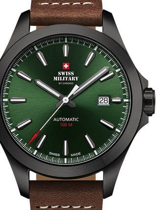 Front view of Swiss Military By Chrono SMA34077.12 Green Dial Brown Leather Unisex Watch on white background