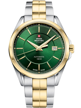 Angle shot of Swiss Military By Chrono SMA34085.39 Green Dial Silver Stainless Steel Unisex Watch on white background