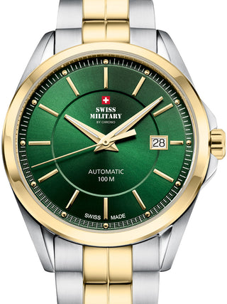 Front view of Swiss Military By Chrono SMA34085.39 Green Dial Silver Stainless Steel Unisex Watch on white background