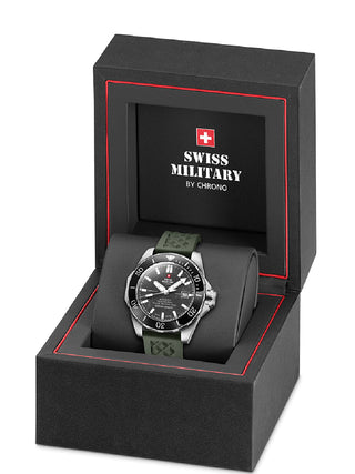 Angle shot of Swiss Military By Chrono SMA34092.09 Grey Dial Green Silicone Unisex Watch on white background